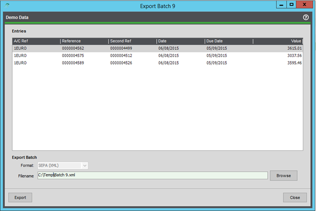 Exporting the batch screen