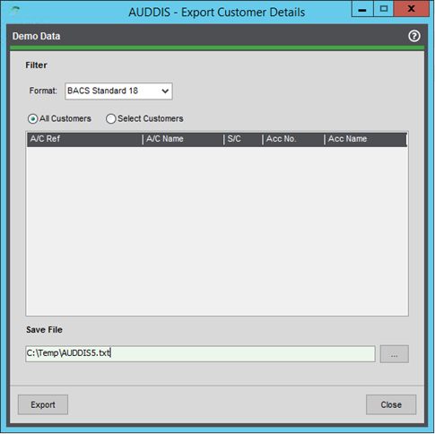 Export Customer Details screen