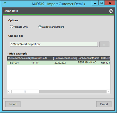 Import Customer Details screen